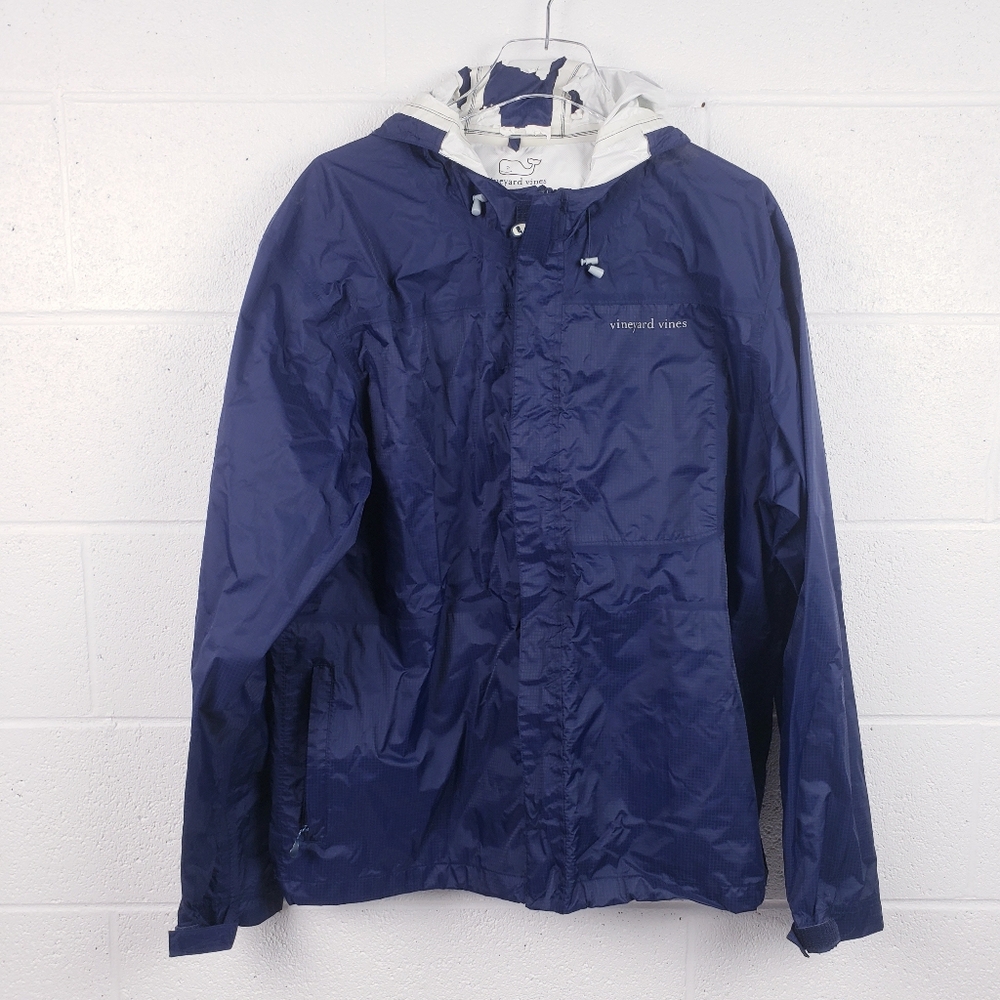 Vineyard Vines Navy Blue Full Zip Rain Coat Windbreaker Hooded Nylon Size‎ Large